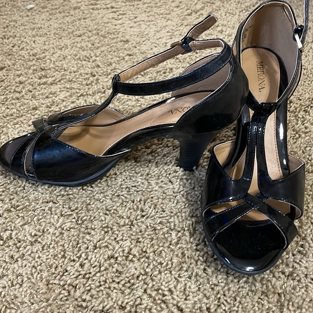 Merona black leather, open toe pumps.